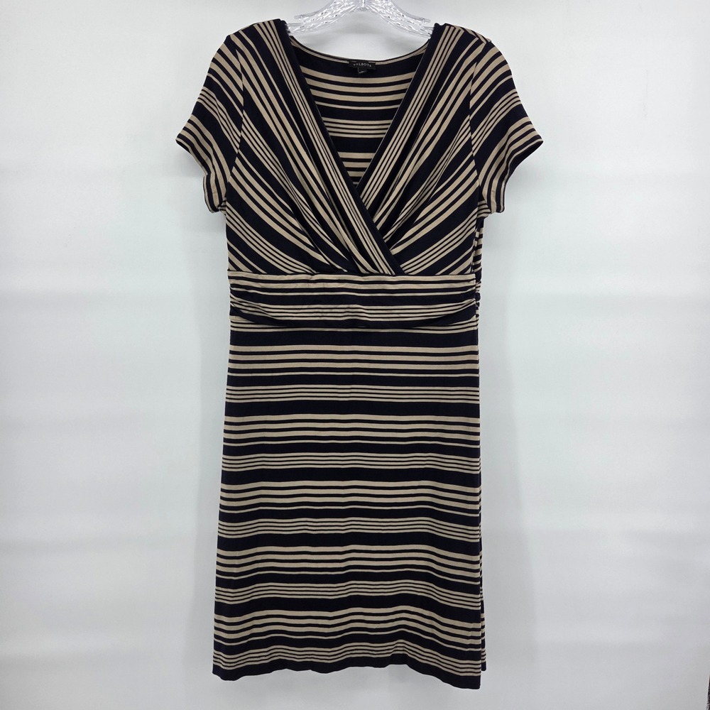 Talbots Faux Wrap Dress M Navy Tan Striped Short Sleeve Nautical Classic Preppy